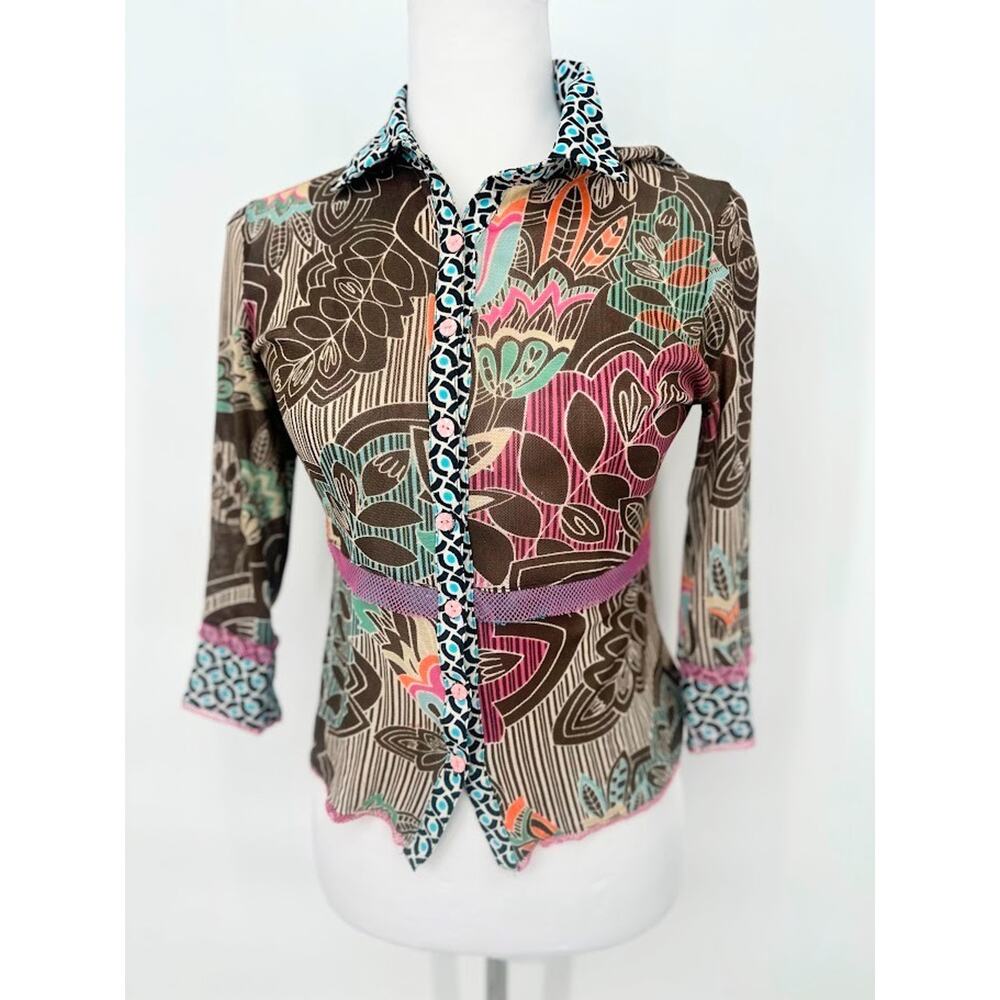 ANAC by Kimi Top Womens Medium Y2K Button Sheer Mesh Artsy Whimsy Maximalist